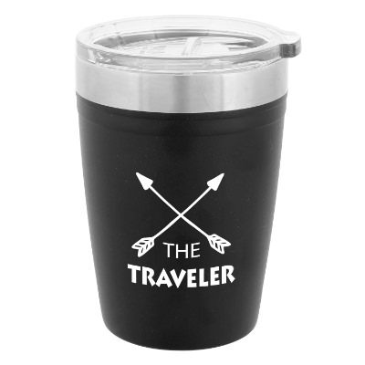 Black thermal wine glass with custom logo.