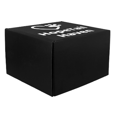 Black cardboard box with a branded logo.