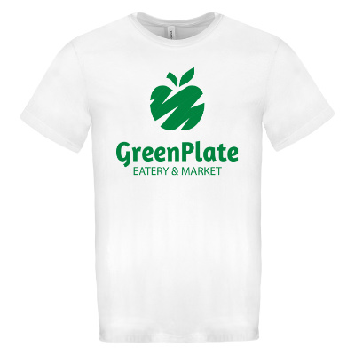 White eco tee with custom logo.