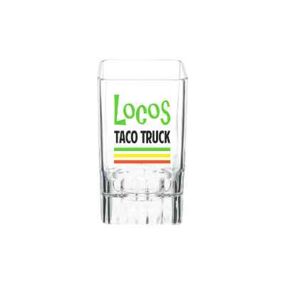 Arcylic clear shot glass with custom full-color imprint in 2 ounces.