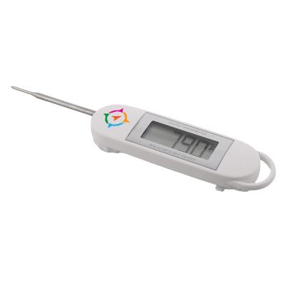 White abs plastic and stainless steel digital cooking thermometer with full color personalized logo.