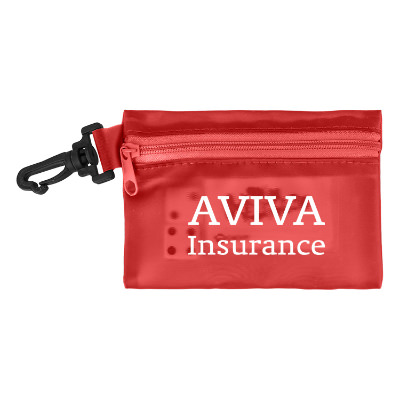 Red plastic travel game with a custom logo.