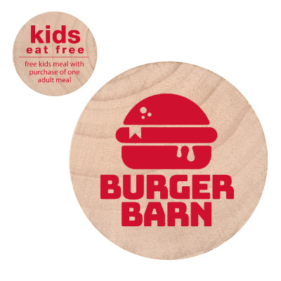 Natural wooden nickel with a custom logo.