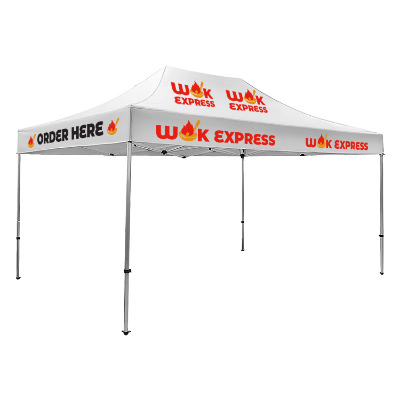 White 15-ft. tent with custom imprint in 5 locations.
