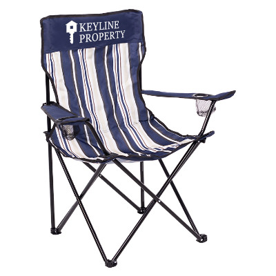 Navy polyester chair with a custom logo.