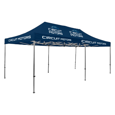 Navy 20-ft. tent with custom imprint in 5 locations.