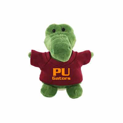 Plush and cotton maroon bean bag buddy gator with logoed imprint.