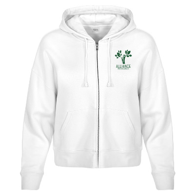 White full zip jacket with custom imprint.
