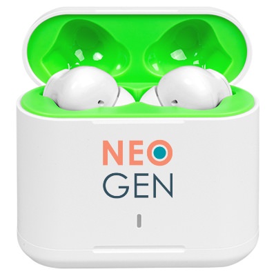 Lime green plastic earbuds with a custom logo.