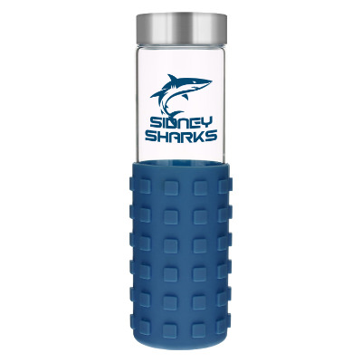 Glass bottle with navy silicone sleeve and custom imprint in 20 oz.