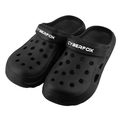 Black klogs with custom one-color imprint.