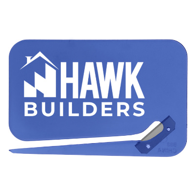 Blue plastic letter opener with a personalized logo.