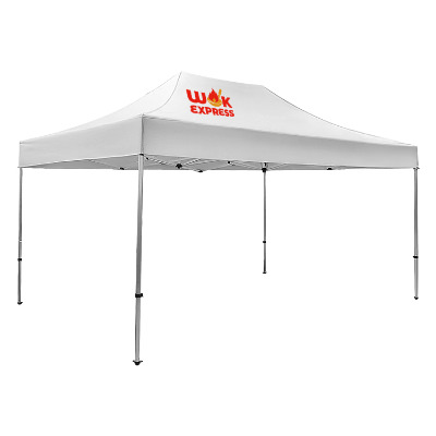 White 15-ft. tent with custom imprint in 1 location.