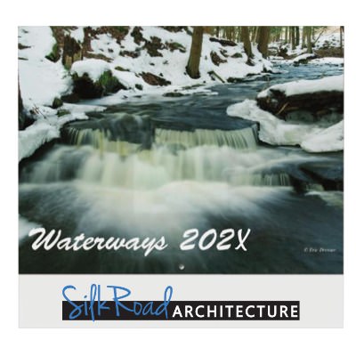 Stapled wall calendar with images of waterways with custom full color imprint.