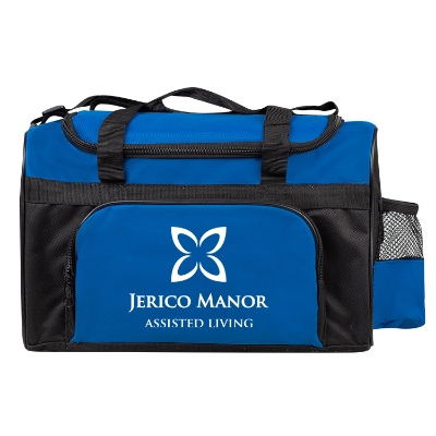 Polyester royal blue large duffle cooler with branded imprint.