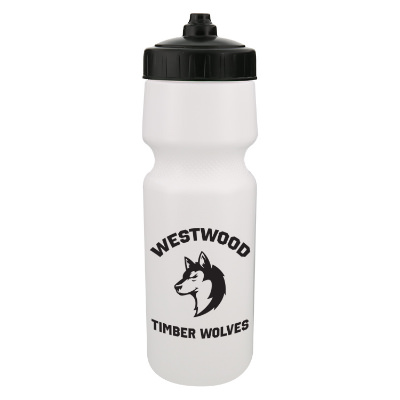 Plastic white sports bottle with valve lid and custom branding in 24 oz.