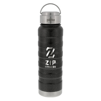Stainless gunmetal water bottle with custom engraved logo.