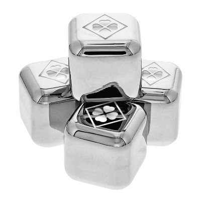 Stainless ice cube with custom logo.