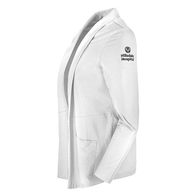 Custom white cardigan with imprint.