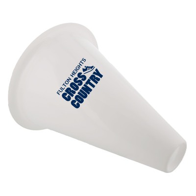 White plastic megaphone with a branded imprint.