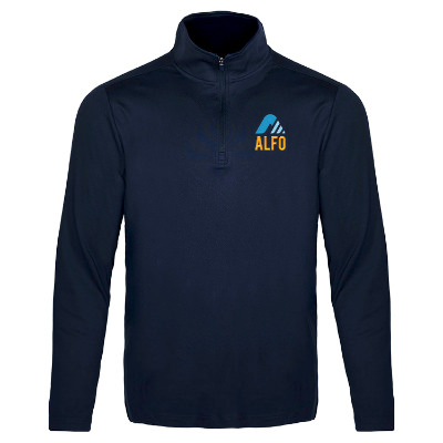 Navy quarter zip with custom embroidered logo.