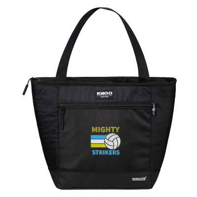 Black polyester cooler with a branded logo.