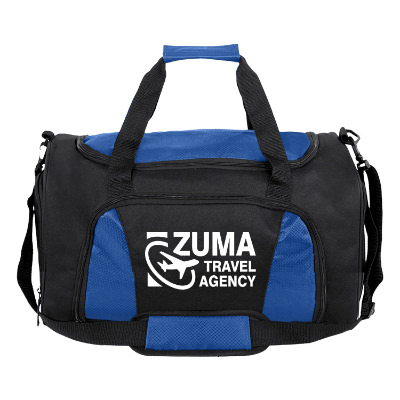 Blue and black duffel bag with custom logo.