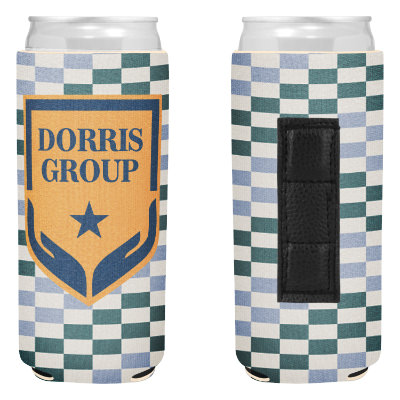 Checkered slim can cooler with custom full color imprint.