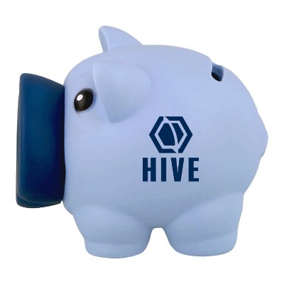 Blue plastic piggy bank with a personalized imprint.