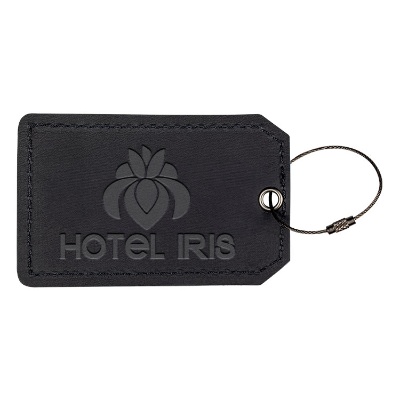 Black customized luggage tag with logo.