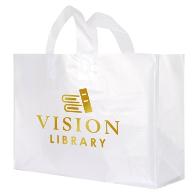 Plastic frosted clear extra large foil stamped recyclable shopper bag with custom logo.