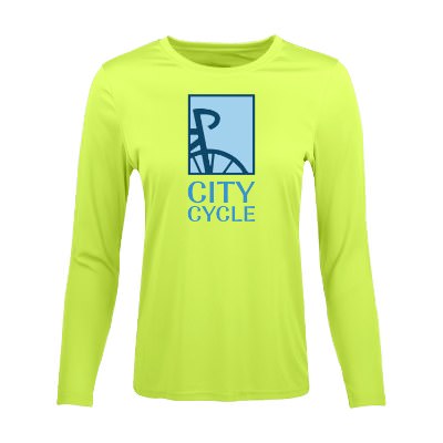 Women's hi vis yellow long sleeve tee with custom full color imprint.