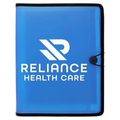 Blue meeting oranizer with black barrier and personalized logo.