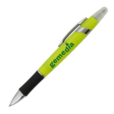 Yellow plastic highlighter with a branded logo.