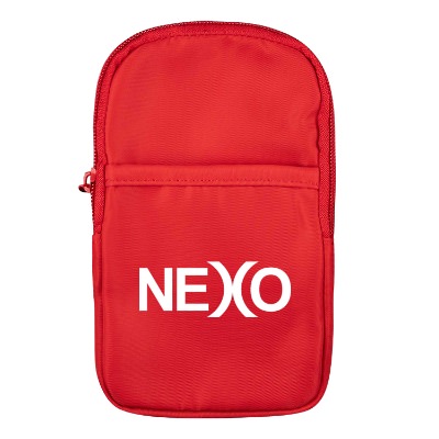 Red water bottle pouch with custom imprint.
