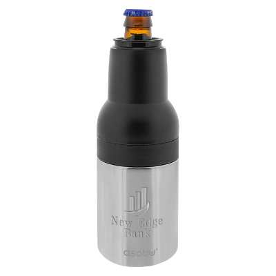 Stainless silver bottle cooler with custom engraved logo.