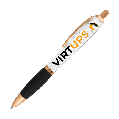 Black metal pen with a personalized logo.