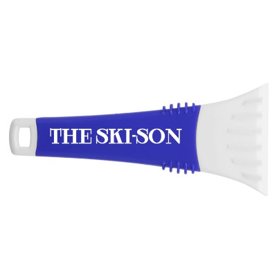Translucent blue 7-in. ice scraper with custom promotional logo.