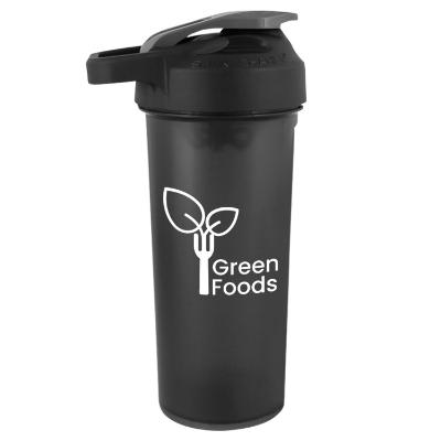 Black plastic bottle with custom imprint.