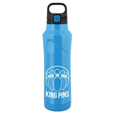 Neon blue stainless bottle with custom logo.