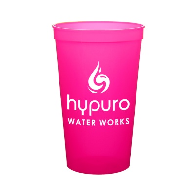 Plastic translucent neon orange stadium cup with custom imprint in 22 ounces.