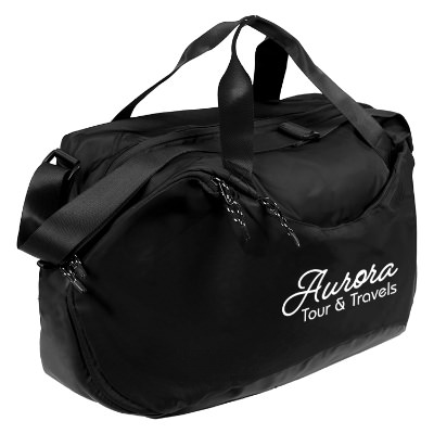 Black polyester gym bag with custom white imprint.