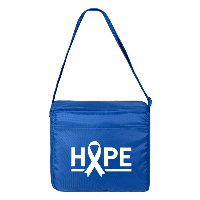 Blue polyester cooler with a customized logo.