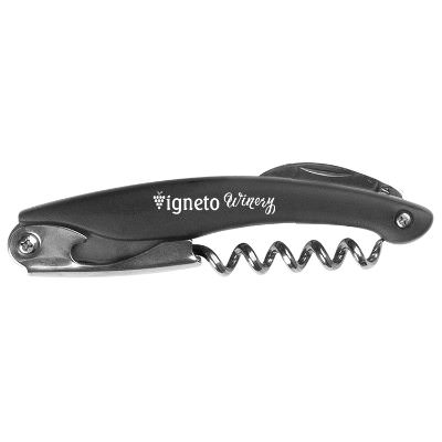 Plastic and metal black waiters knife with personalized imprint.