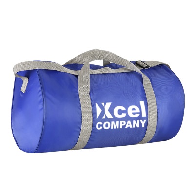 Polyester royal blue economy duffel with branded imprint.