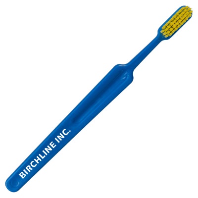 Blue plastic toothbrush with a personalized imprint.