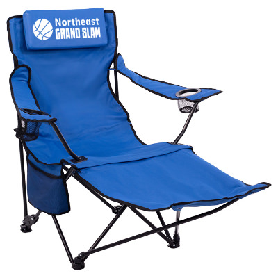 Blue polyester chair with a custom logo.
