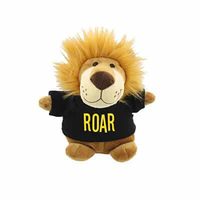 Plush and cotton black bean bag buddy lion with custom imprint.