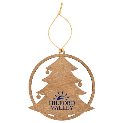 Brown wood ornament with a custom logo