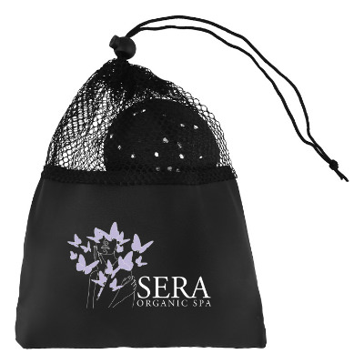 Black polyester massage set with a branded logo.